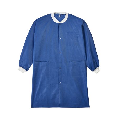 Coat, Lab, LabMates®, Knit Collar & Cuffs, 3-Pockets, Nonwoven, Blue, White Trim, Large Knee Length, Disposable (10/BG 5 BG/CS ) by Graham Medical  ID 85179